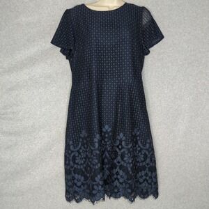 LOFT Navy Blue Lace Overlay‎ Dress Women's Size 10 Short Sleeve